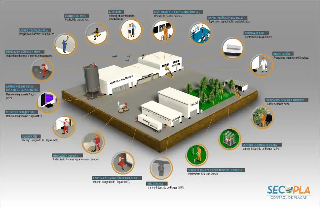 Infografía aportada por SECOPLA: áreas de manejo integrado de plagas, limpieza, control aviar y capacitación